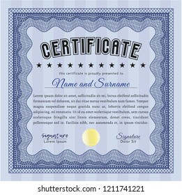 Blue Certificate or diploma template. With guilloche pattern. Nice design. Detailed. 