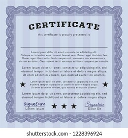 Blue Certificate or diploma template. With guilloche pattern. Perfect design. Vector illustration. 