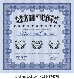 Blue Certificate or diploma template. With guilloche pattern. Detailed. Sophisticated design. 