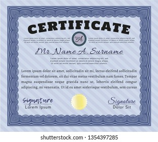 Blue Certificate or diploma template. With guilloche pattern and background. Cordial design. Vector illustration. 