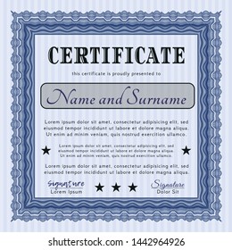 Blue Certificate or diploma template. With guilloche pattern and background. Customizable, Easy to edit and change colors. Money design. 