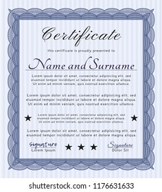 Blue Certificate or diploma template. With linear background. Money design. Vector illustration. 
