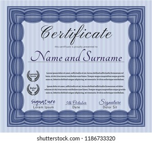 Blue Certificate or diploma template. With linear background. Excellent design. Customizable, Easy to edit and change colors. 