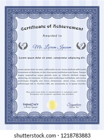 Blue Certificate or diploma template. With linear background. Detailed. Perfect design. 