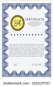 Blue Certificate or diploma template. With linear background. Excellent design. Customizable, Easy to edit and change colors. 
