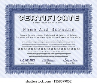 Blue Certificate or diploma template. With linear background. Detailed. Lovely design. 