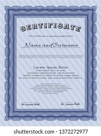 Blue Certificate or diploma template. With linear background. Cordial design. Vector illustration. 