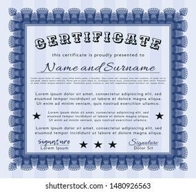  Blue Certificate or diploma template. With linear background. Vector illustration. Retro design. 