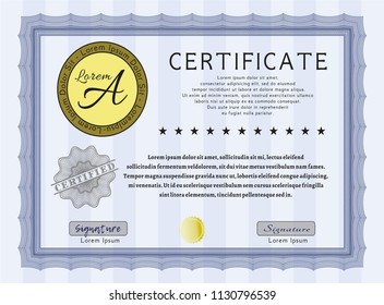 Blue Certificate or diploma template. Money style design. Detailed. With complex linear background. 