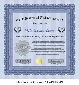 Blue Certificate or diploma template. Money Pattern design. With complex linear background. Vector illustration. 