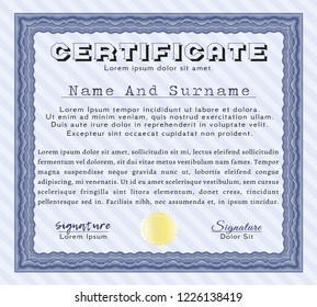 Blue Certificate or diploma template. Money Pattern. With linear background. Vector illustration. 