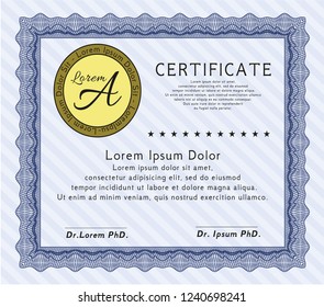 Blue Certificate or diploma template. Money Pattern design. Vector illustration. Easy to print. 