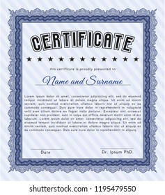 Blue Certificate or diploma template. Nice design. With guilloche pattern and background. Vector illustration. 