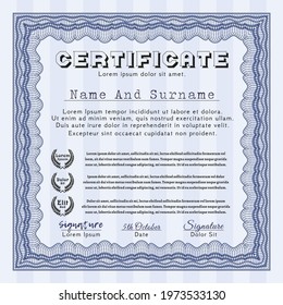 Blue Certificate or diploma template.  Nice design.  With complex linear background.  Customizable, Easy to edit and change colors. 
