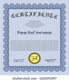 Blue Certificate or diploma template. Perfect design. Easy to print. Vector illustration. 