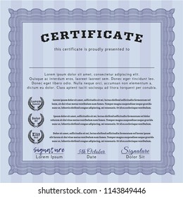 Blue Certificate or diploma template. Printer friendly. Detailed. Sophisticated design. 