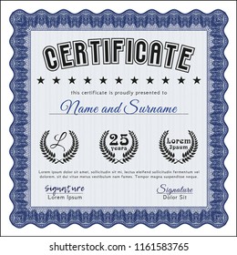 Blue Certificate or diploma template. Printer friendly. Detailed. Money Pattern design. 