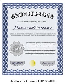 Blue Certificate or diploma template. Printer friendly. Money design. Vector illustration. 