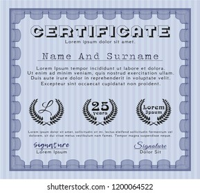 Blue Certificate or diploma template. Printer friendly. Money design. Vector illustration. 