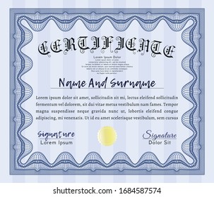 Blue Certificate or diploma template. Retro design. With great quality guilloche pattern. Customizable, Easy to edit and change colors. 