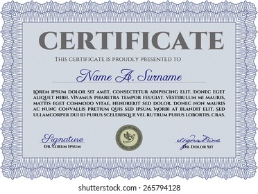 Blue certificate or diploma template with sample text, background and complex border design.