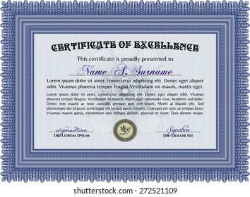 Blue certificate or diploma template with sample text