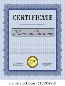 Blue Certificate or diploma template. Vector illustration. With guilloche pattern. Nice design. 