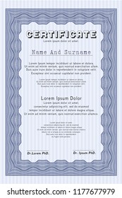 Blue Certificate or diploma template. Vector illustration. With guilloche pattern. Modern design. 