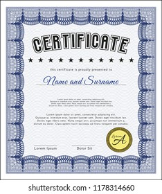 Blue Certificate or diploma template. Vector illustration. With guilloche pattern and background. Perfect design. 