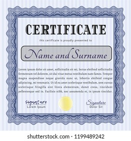 Blue Certificate or diploma template. Vector illustration. With linear background. Retro design. 