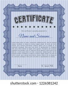 Blue Certificate or diploma template. Vector illustration. With great quality guilloche pattern. Money design. 
