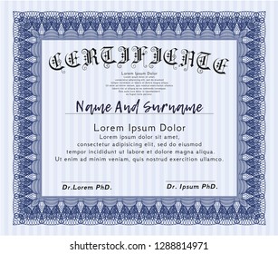 Blue Certificate or diploma template. Vector illustration. With background. Cordial design. 