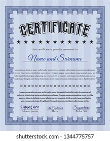 Blue Certificate or diploma template. Vector illustration. With complex background. Sophisticated design. 