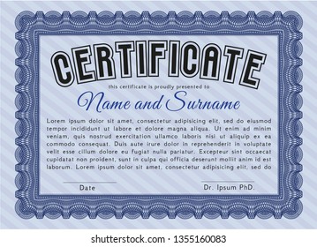 Blue Certificate or diploma template. Vector illustration. With great quality guilloche pattern. Cordial design. 