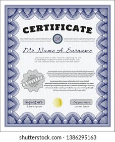 Blue Certificate or diploma template. Vector illustration. With linear background. Money Pattern. 