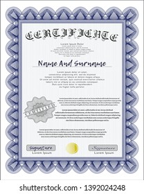 Blue Certificate or diploma template. Vector illustration. With guilloche pattern. Perfect design. 