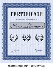 Blue Certificate or diploma template. Vector illustration. Complex background. Sophisticated design. 