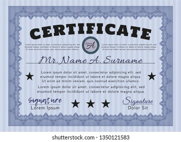 Blue Certificate. Elegant design. With great quality guilloche pattern. Vector illustration. 