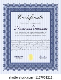 Blue Certificate. Excellent design. With guilloche pattern. Detailed. 