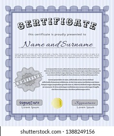Blue Certificate. Excellent design. Vector illustration. With complex linear background. 