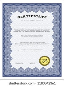 Blue Certificate. With guilloche pattern and background. Perfect design. Customizable, Easy to edit and change colors. 