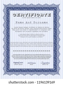 Blue Certificate. With guilloche pattern. Excellent design. Vector illustration. 