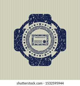 Blue certificate icon inside distress rubber grunge stamp