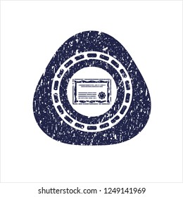 Blue certificate icon inside rubber grunge seal