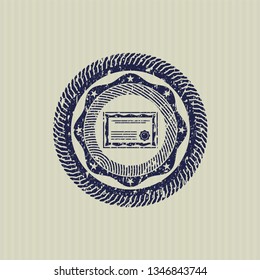 Blue certificate icon inside rubber stamp with grunge texture