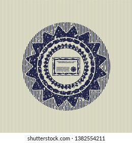Blue certificate icon inside rubber seal with grunge texture