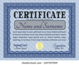 Blue Certificate. With linear background. Money Pattern. Vector illustration. 