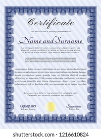 Blue Certificate. With linear background. Nice design. Detailed. 
