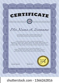 Blue Certificate. Lovely design. With background. Detailed. 