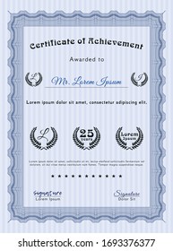 Blue Certificate. Lovely design. With complex linear background. Vector illustration. 